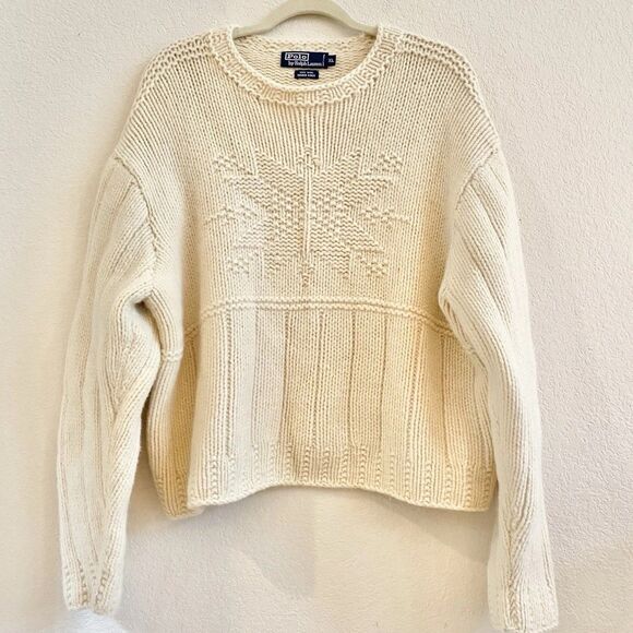 Vintage Polo Ralph Lauren Hand Knit 100% Wool Sweater Size XL Cream Long Sleeve - Picture 1 of 12